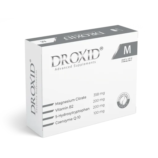 Droxid® M, Magnezyum, B2 Vitamini, 5-HTP ve Koenzim Q10 içeren çok bileşenli formül.