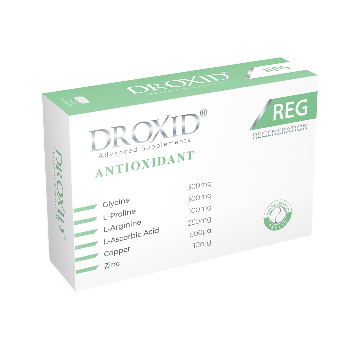 Droxid® REG, Glisin, L-Prolin, L-Arjinin, C Vitamini, Çinko ve Bakır içeren yenilenen formül.